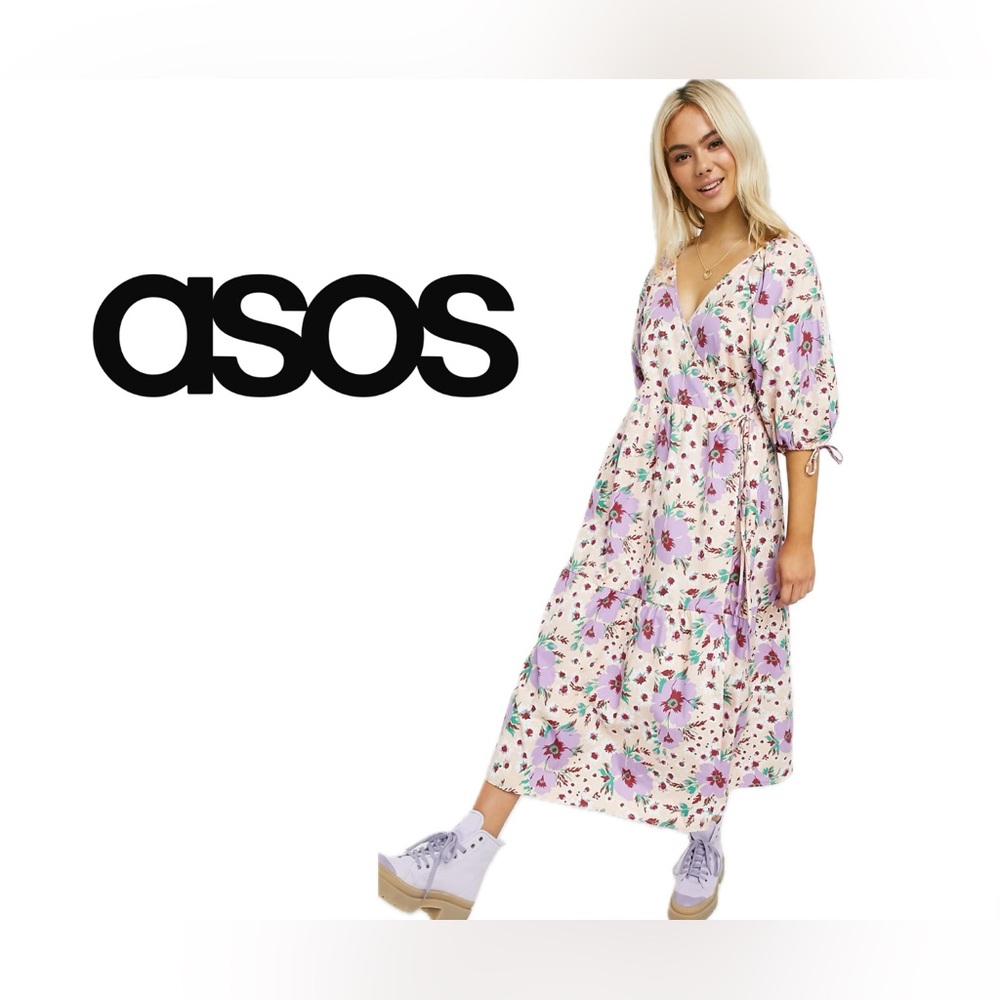 ASOS DESIGN cotton poplin smock wrap midi dress in bright floral print SIZE 10US